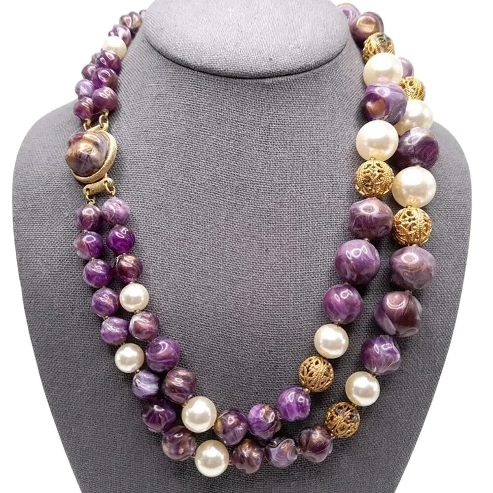 Vintage Purple Lucite Beaded Necklace, Two Strands, Faux Pearls, 21 Inches